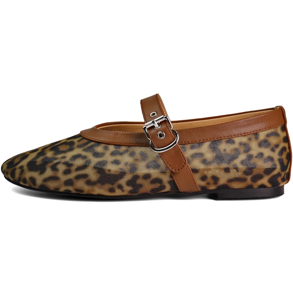 Leopard Mesh Ballet Flats W/ Round Toe Buckle Strap - Picture 6 of 8